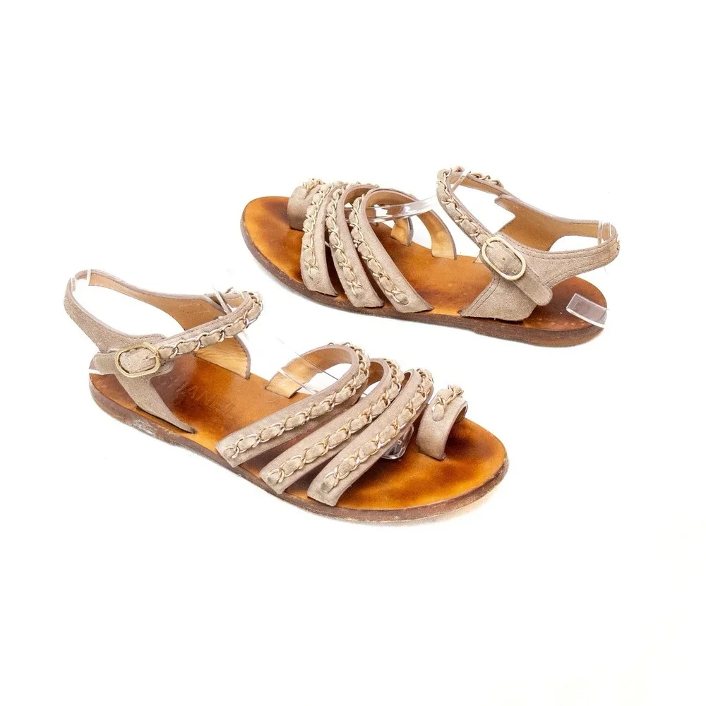 Chanel Gladiiator Taupe Suede‎ Chain-Trim Flat Sandals – Size 37.5 /US 7.5